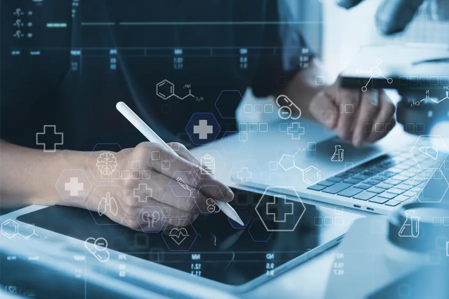 Health-Conditions-Treated-Doctor A photo illustration of a medical practitioner taking notes on a tablet with overlayed images of interconnected medical symbols, representing health and wellness conditions treated by Julie Kane, NP of Trua Health & Wellness in Alaska.